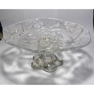 Vintage Compote Bon Bon Dish Pedestal Clear Embossed Frosted Flowers 8"
